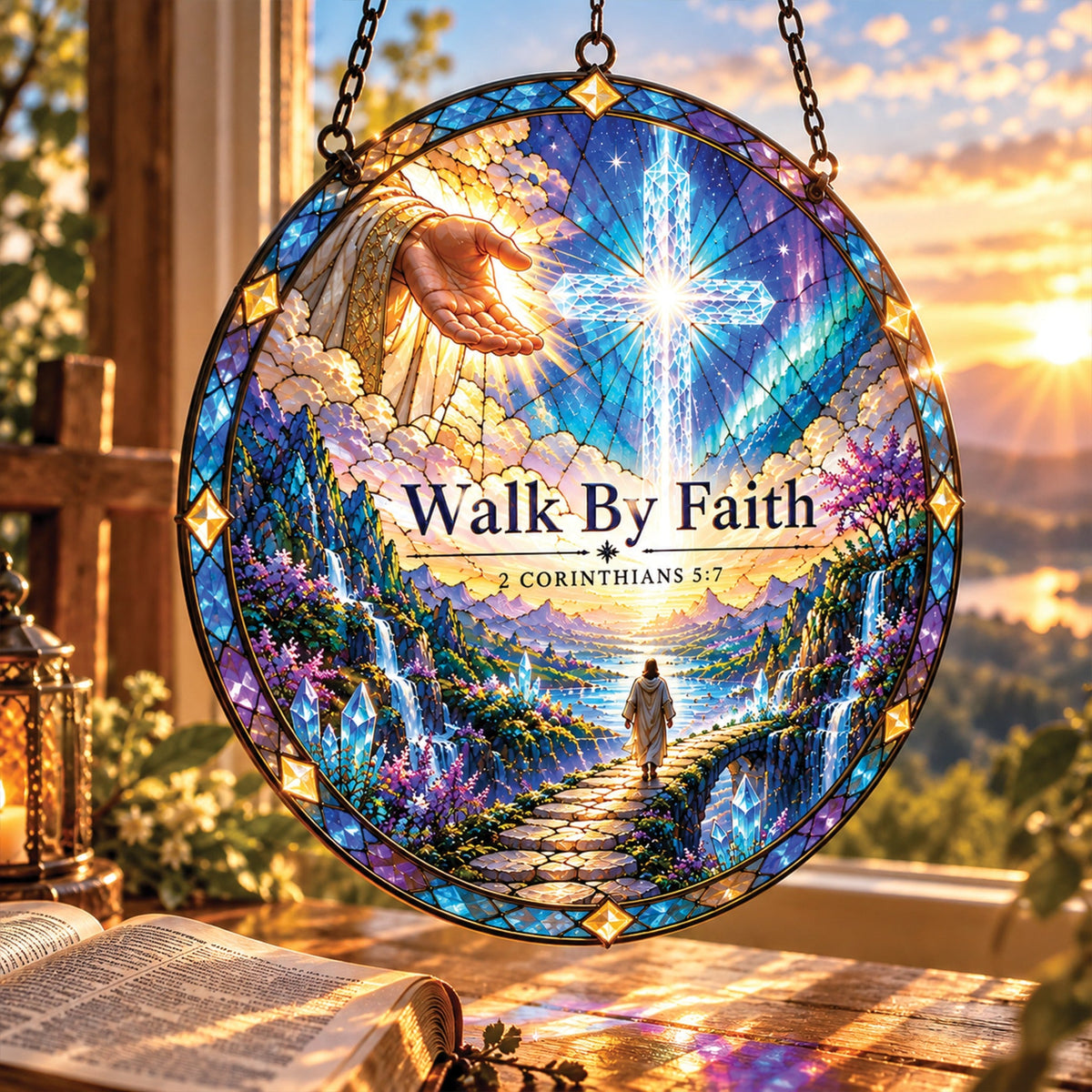 Christian Stained Glass Suncatcher โ Faith Window Hanging Ornament with Bible Verse