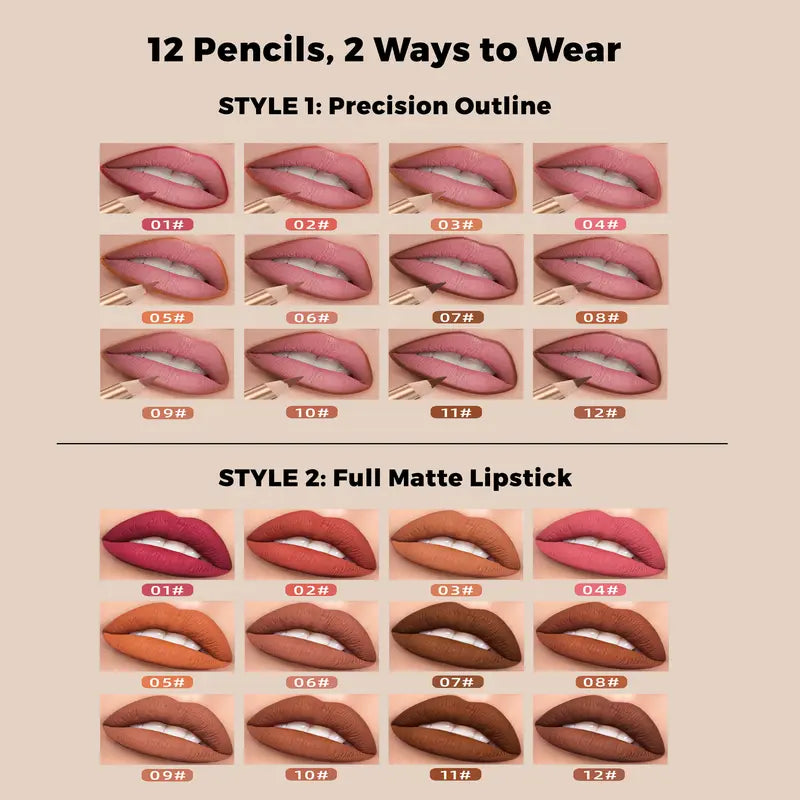 12 Pcs Matte Lip Liner Set with Sharpener, Blendable Lip Pencil π
