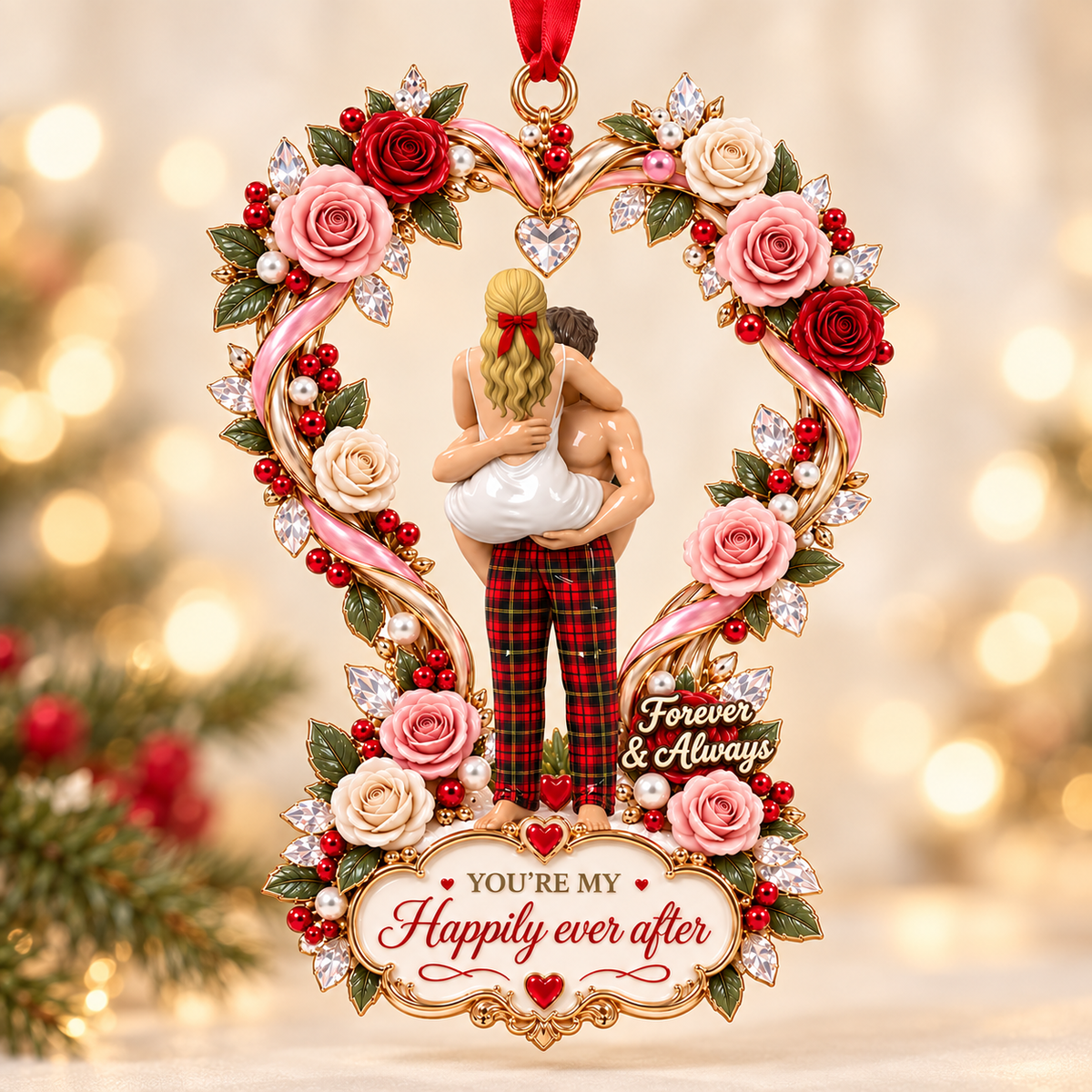 2026 “Happily Ever After” Couples Christmas Ornament – Rose Heart Keepsake Gift