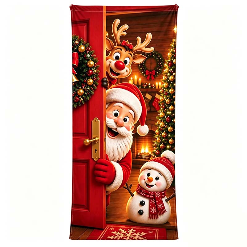Christmas Door Cover - Stretch Fit Santa & Reindeer Door Decoration with 4-Side Elastic Edgesπ