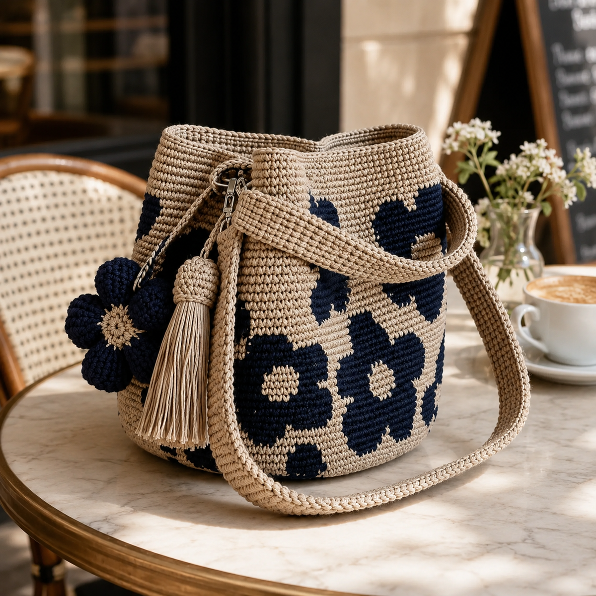 Handwoven Flower Bucket Bag, Boho Lightweight Crossbody Crochet Shoulder Bagπ
