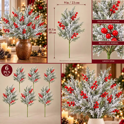 6 Pcs Artificial Frosted Christmas Pine-Cedar Stems with Red Berries, Snowy Evergreen Picks for Holiday Vase Decor 🎄
