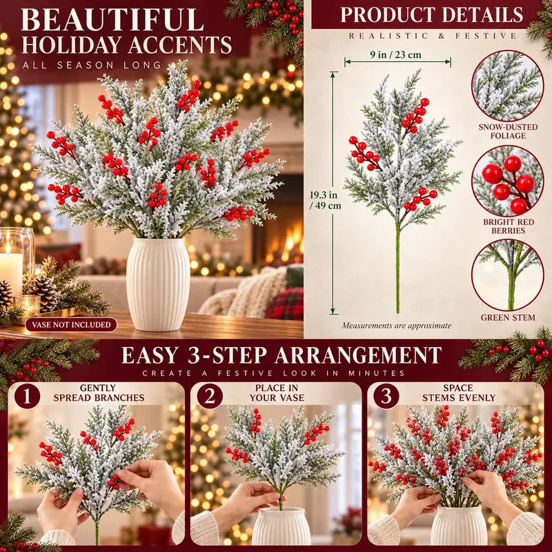 6 Pcs Artificial Frosted Christmas Pine-Cedar Stems with Red Berries, Snowy Evergreen Picks for Holiday Vase Decor 🎄