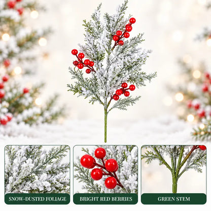 6 Pcs Artificial Frosted Christmas Pine-Cedar Stems with Red Berries, Snowy Evergreen Picks for Holiday Vase Decor 🎄