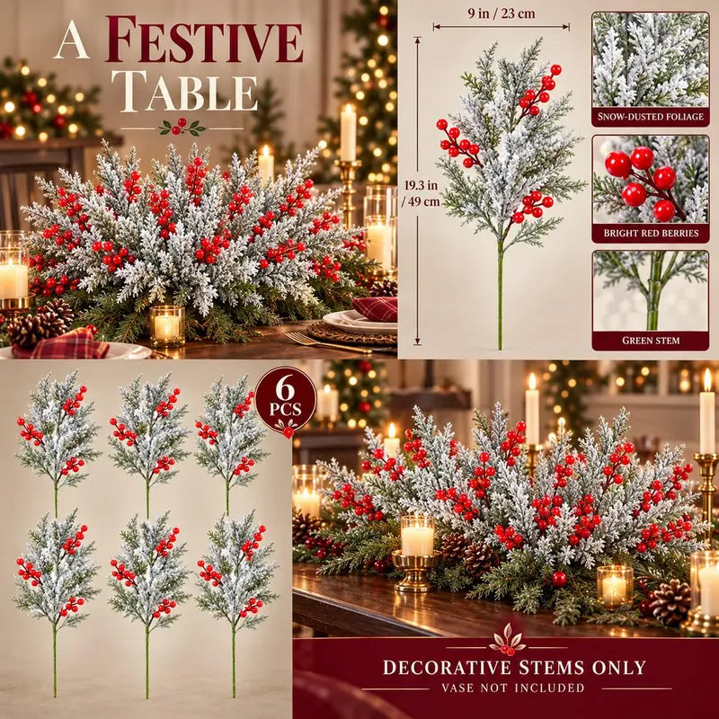6 Pcs Artificial Frosted Christmas Pine-Cedar Stems with Red Berries, Snowy Evergreen Picks for Holiday Vase Decor 🎄