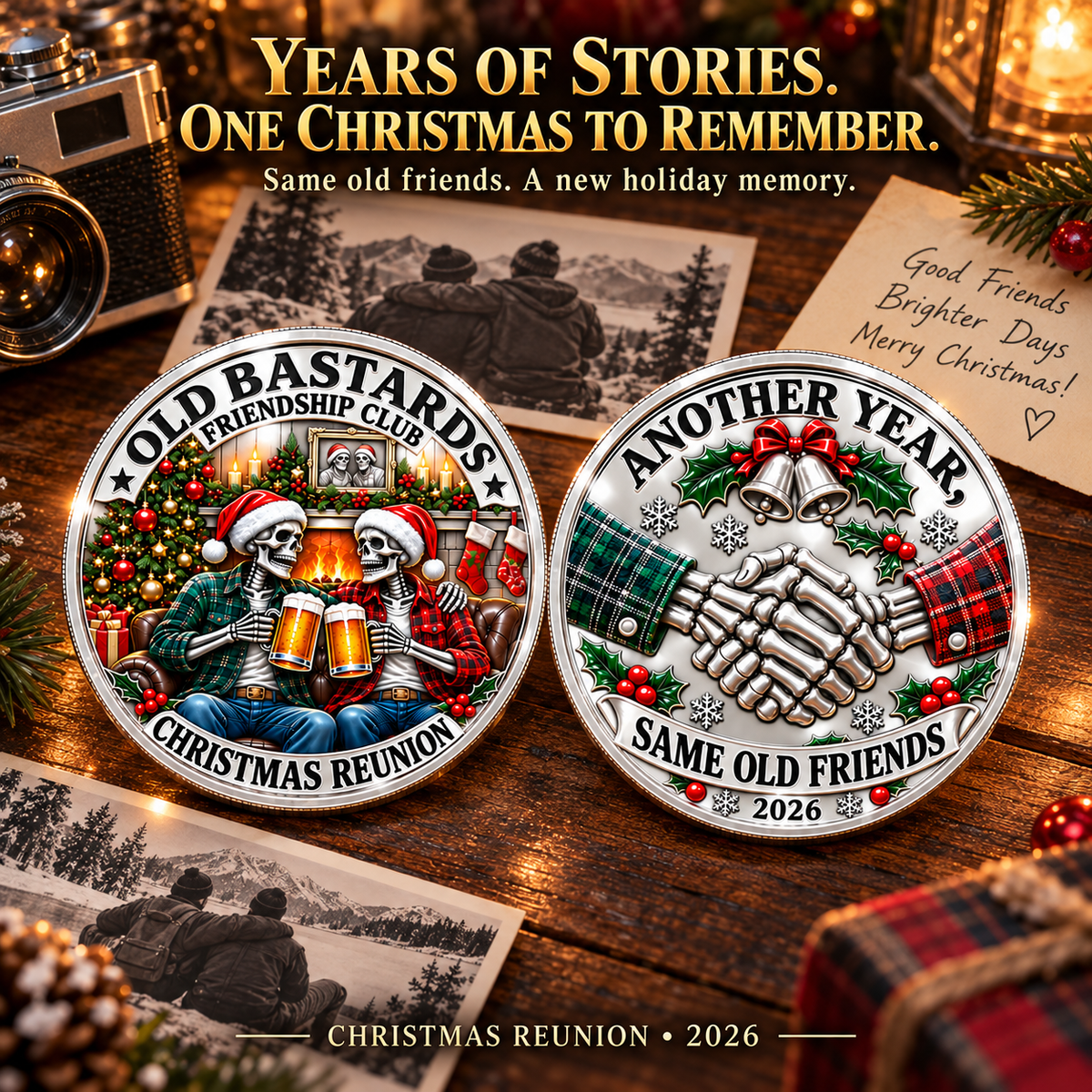 2026 Old Bastards Friendship Club Christmas Coin – Double-Sided Silver-Tone Keepsake for Lifelong Friends