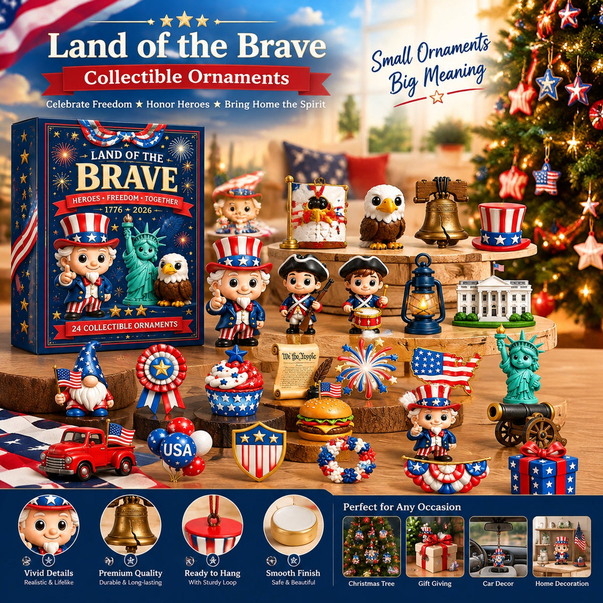 250 Years of American Spirit Ornaments Advent Calendar, 24Pcs Patriotic Hanging Decor Gift Box