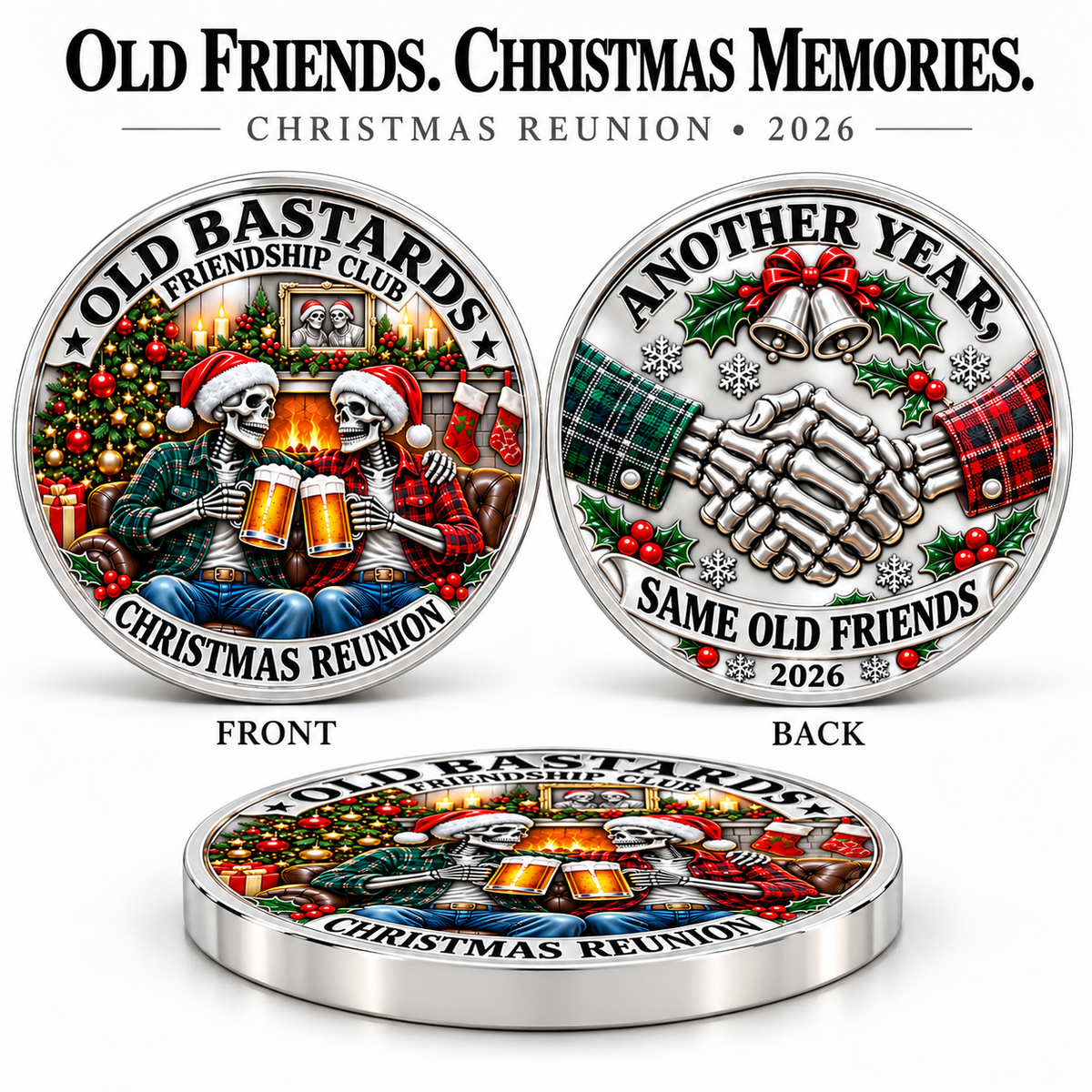2026 Old Bastards Friendship Club Christmas Coin – Double-Sided Silver-Tone Keepsake for Lifelong Friends