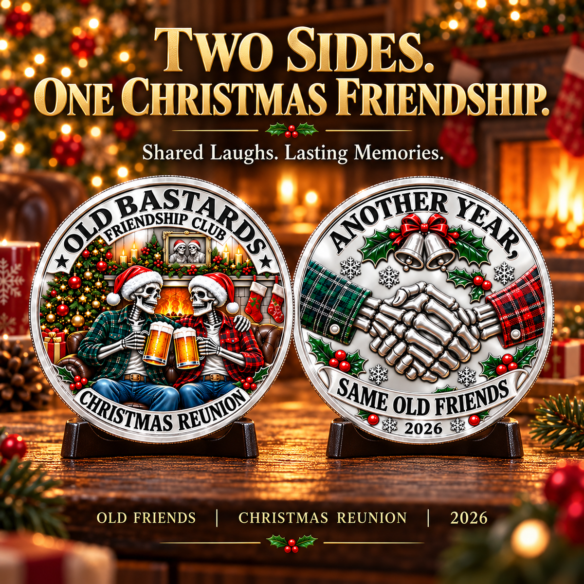 2026 Old Bastards Friendship Club Christmas Coin – Double-Sided Silver-Tone Keepsake for Lifelong Friends