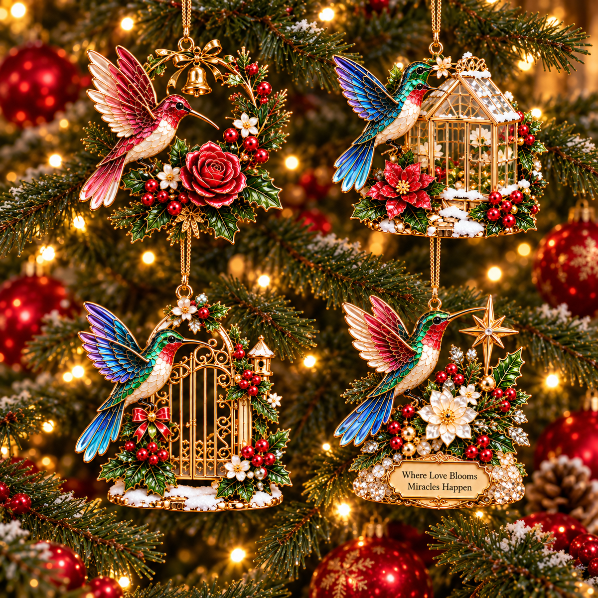 Hummingbird Christmas Ornaments – 4-Piece Keepsake Set