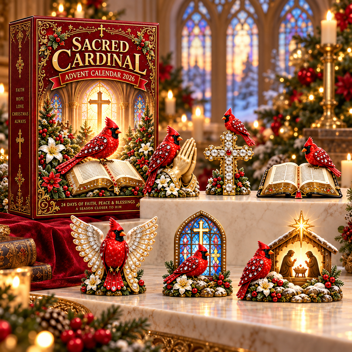 🎉🇺🇸 Limited Edition! 🔥 Sacred Cardinal Advent Calendar 2026 – 24 Christian Keepsake Figurines of Faith, Hope & Christmas Blessings
