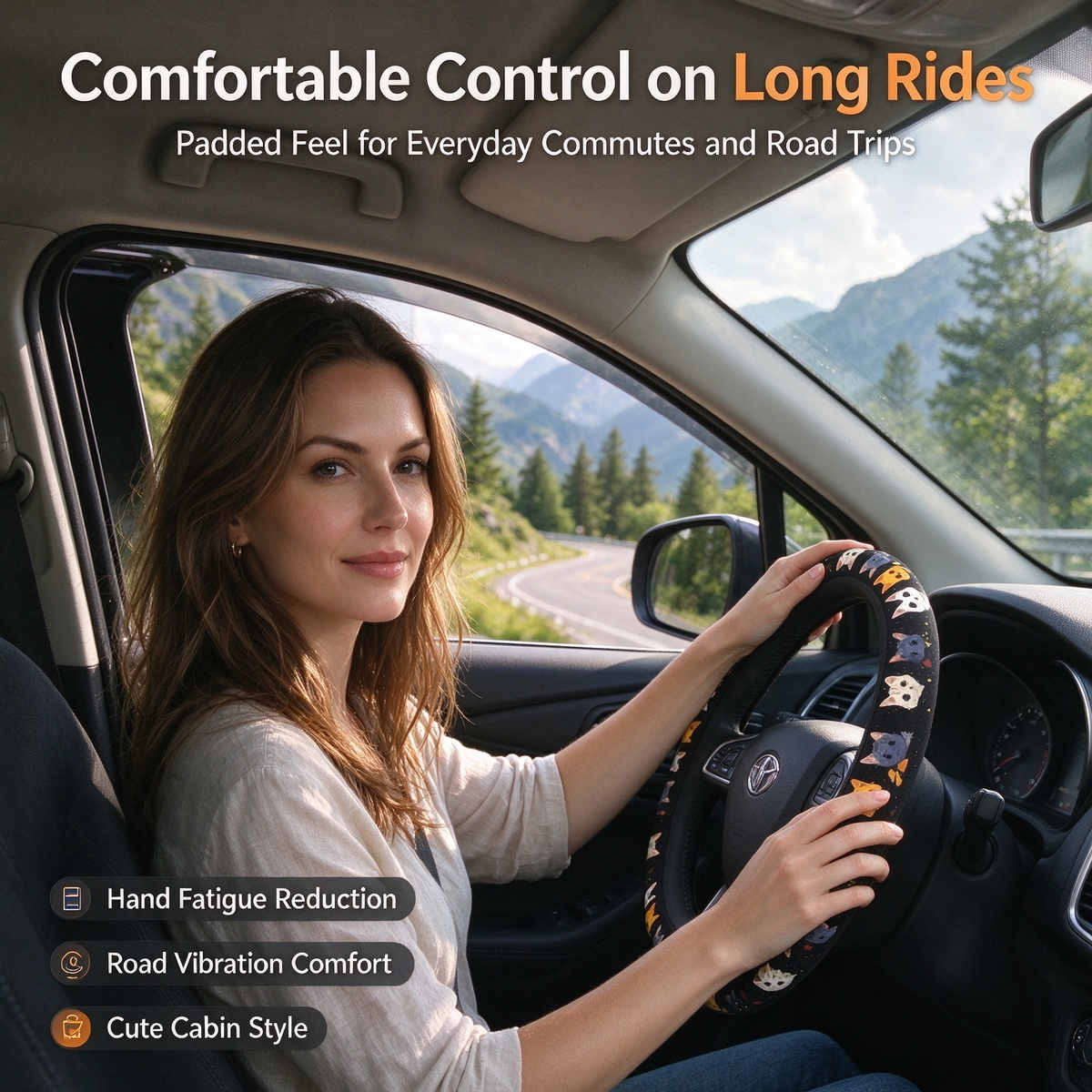 Cute Cat Pet-Themed Pattern, Single-Pack Car Steering Wheel Cover, Comfortable Grip 🐱
