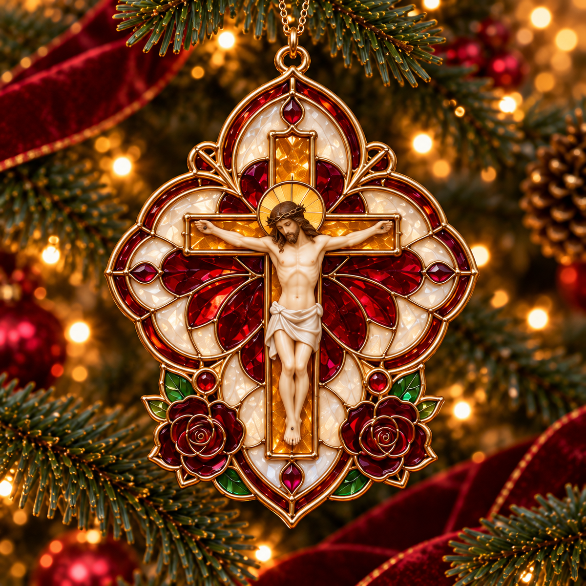 2026 Sacred Light — Vintage Stained Glass–Style Crucifix Christmas Ornaments | Set of 6