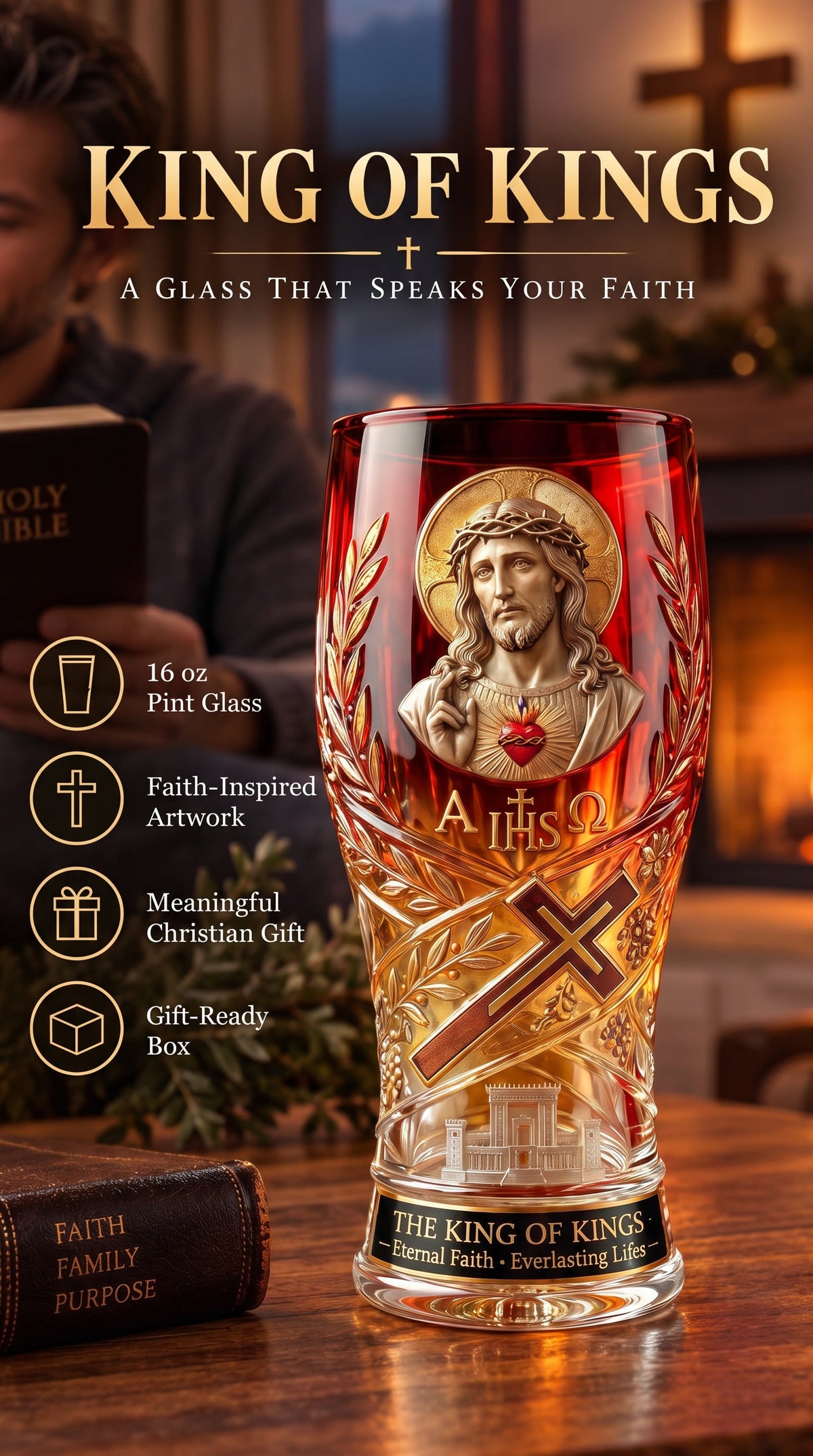 ❤️‍🔥Jesus Christ King of Kings Pint Glass – 16 oz Christian Faith Drinkware & Inspirational Gift