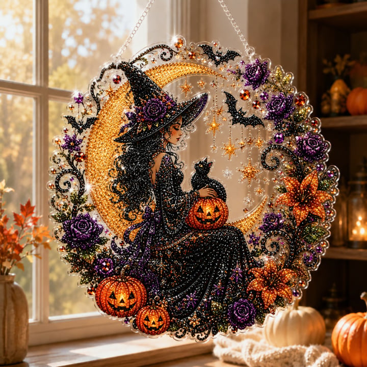 🔥🎃Halloween Black Cat Moon Diamond Art Hanging Ornament Kit