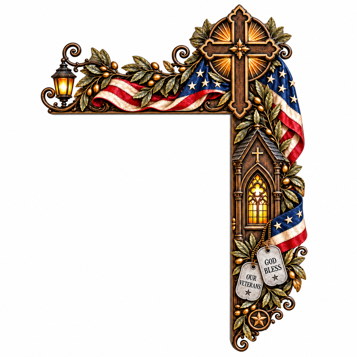 Faith, Honor & Gratitude Veteran Memorial Door Frame Corner Décor – Patriotic Cross, Soldier’s Dog Tags & Tribute Lantern Wall Accent