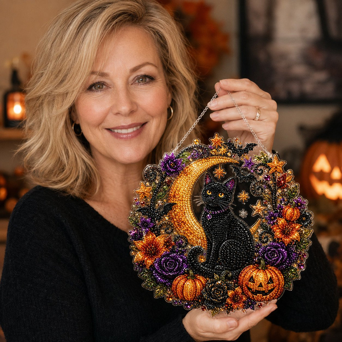 🔥🎃Halloween Black Cat Moon Diamond Art Hanging Ornament Kit