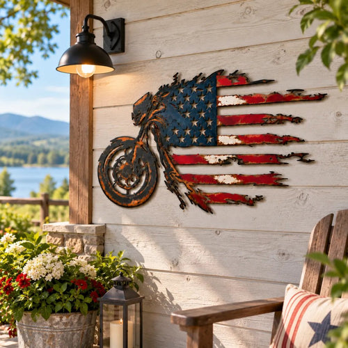 Patriotic Motorcycle American Flag Metal Wall Art
