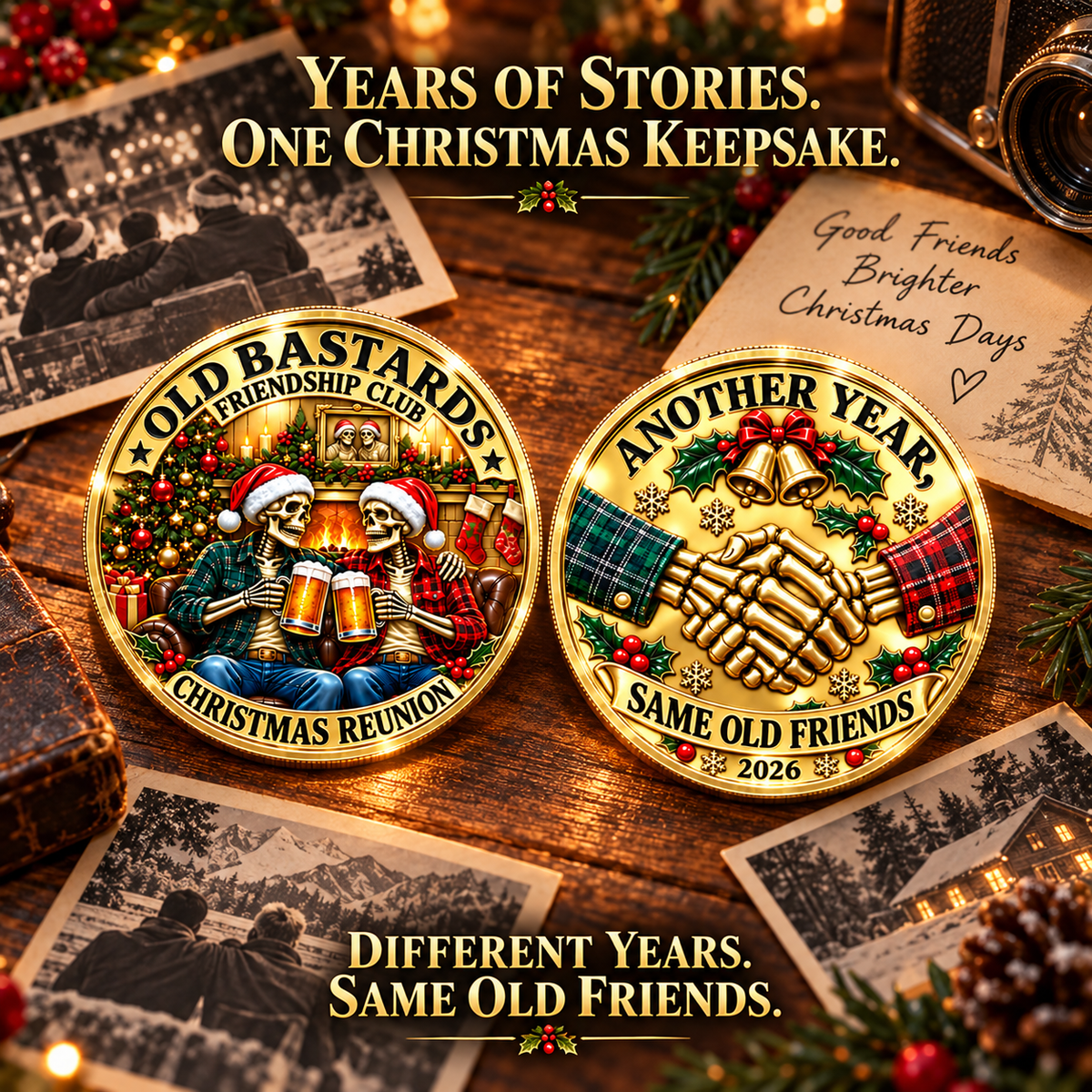 2026 Old Bastards Friendship Club Christmas Coin – Double-Sided Gold-Tone Keepsake for Lifelong Friends