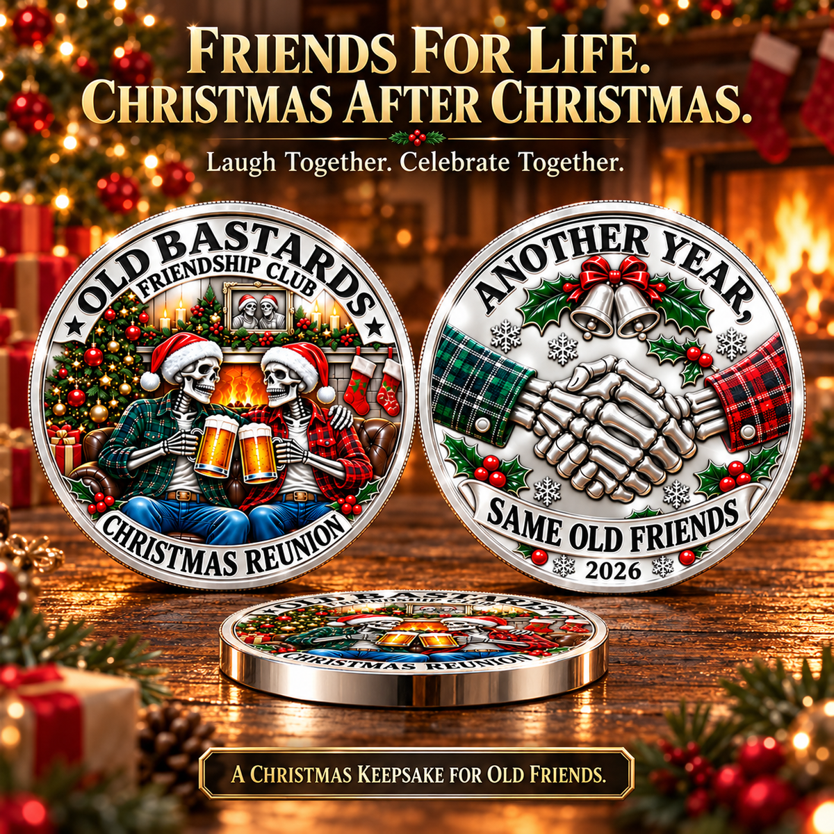 2026 Old Bastards Friendship Club Christmas Coin – Double-Sided Silver-Tone Keepsake for Lifelong Friends