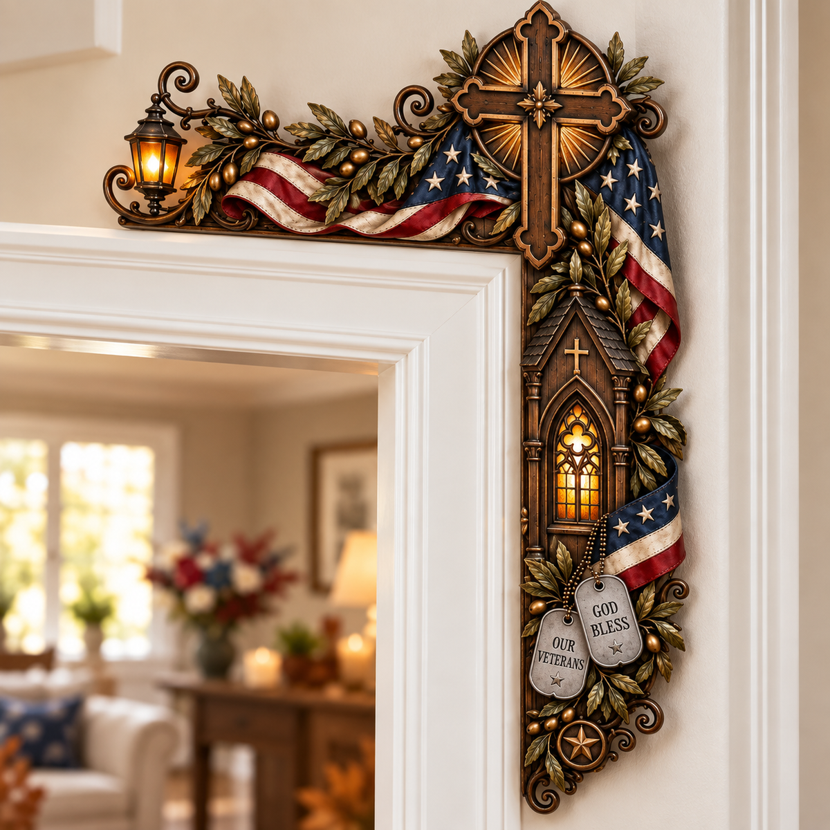 Faith, Honor & Gratitude Veteran Memorial Door Frame Corner Décor – Patriotic Cross, Soldier’s Dog Tags & Tribute Lantern Wall Accent