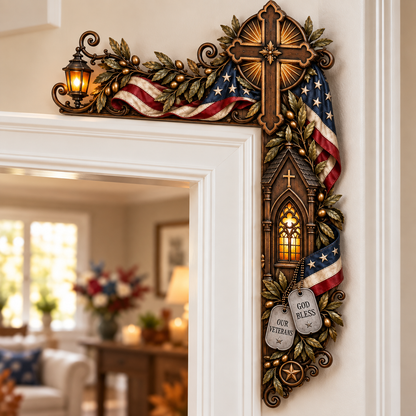 Faith, Honor & Gratitude Veteran Memorial Door Frame Corner Décor – Patriotic Cross, Soldier’s Dog Tags & Tribute Lantern Wall Accent