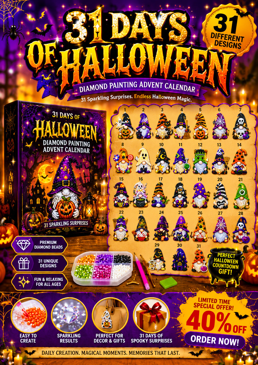 👻 Countdown to Halloween Magic! 🎃✨ 31-Day Gnome Diamond Art Advent Calendar – Create a New Sparkling Surprise Every Day! 💎