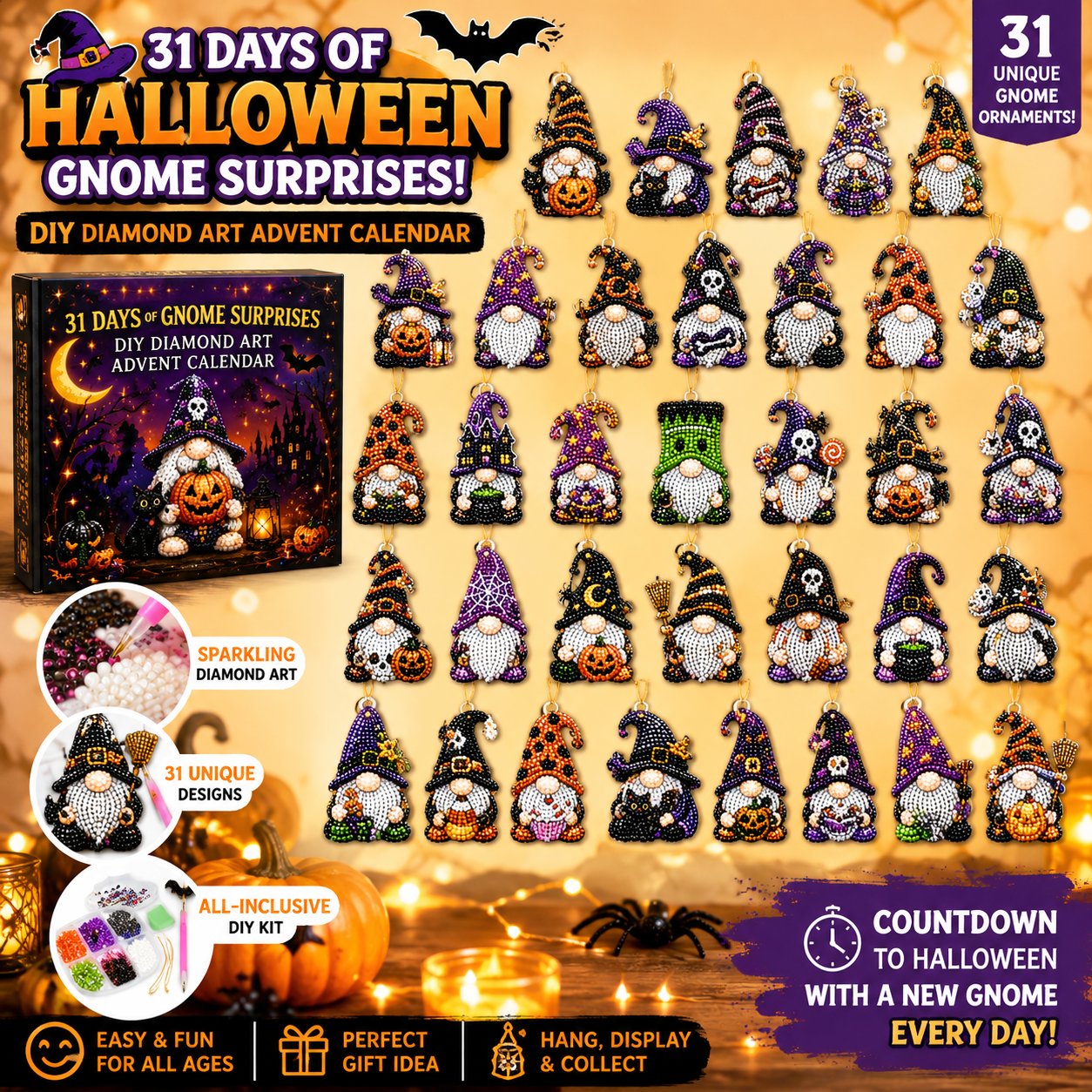 👻 Countdown to Halloween Magic! 🎃✨ 31-Day Gnome Diamond Art Advent Calendar – Create a New Sparkling Surprise Every Day! 💎