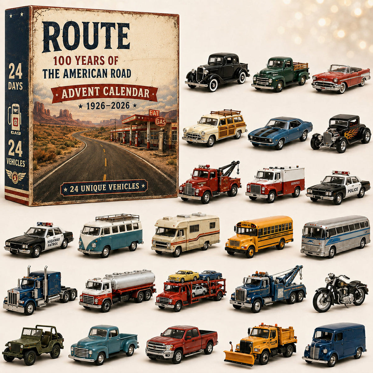 🎉🇺🇸 Limited Edition! 🔥🎁✨ Route 66 Centennial Advent Calendar – 24 Days of American Road Legends | 1926–2026 Collector’s Edition