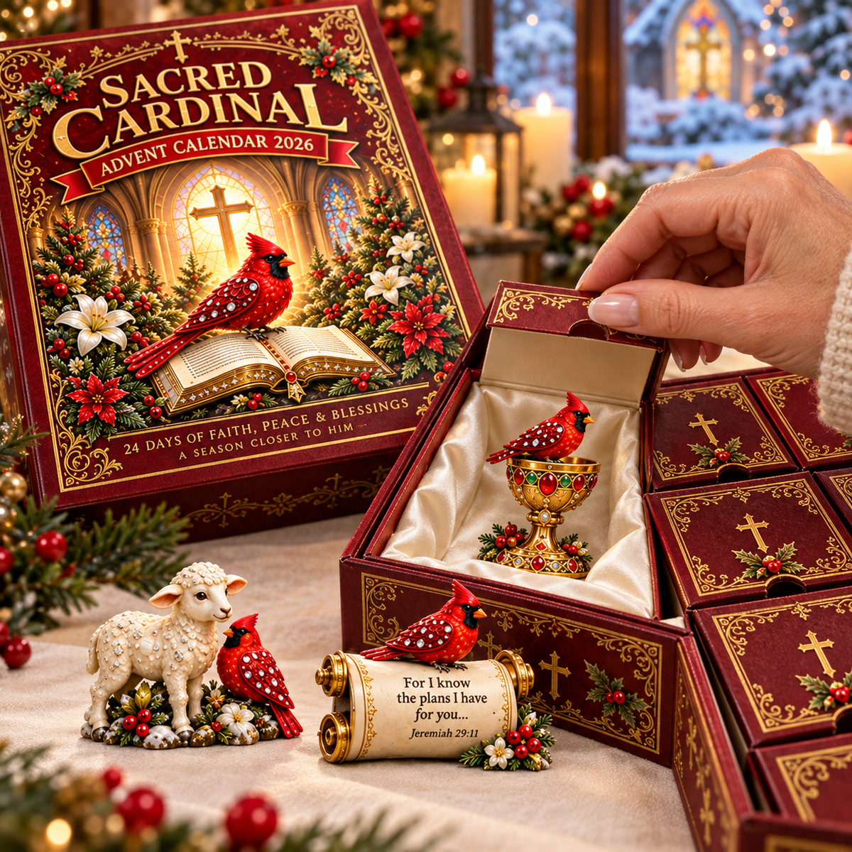 🎉🇺🇸 Limited Edition! 🔥 Sacred Cardinal Advent Calendar 2026 – 24 Christian Keepsake Figurines of Faith, Hope & Christmas Blessings
