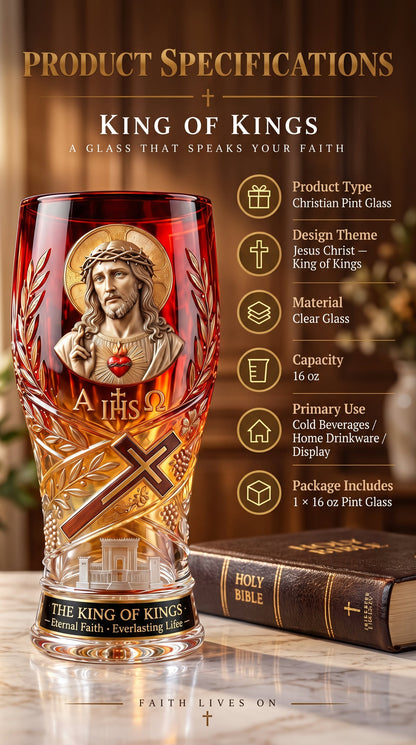❤️‍🔥Jesus Christ King of Kings Pint Glass – 16 oz Christian Faith Drinkware & Inspirational Gift