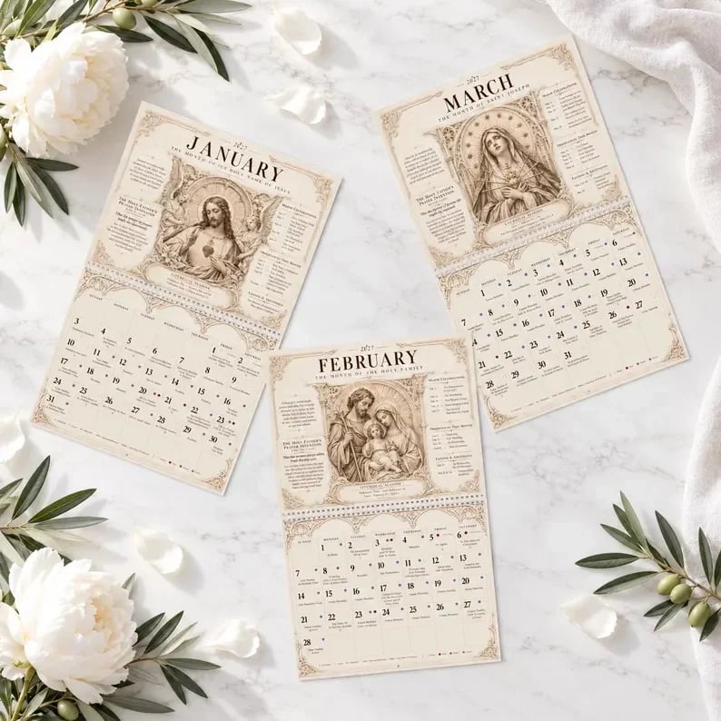 ✝️✨ 2027 Catholic Liturgical Wall Calendar – Gothic Sacred Art & Saints
