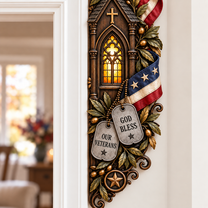 Faith, Honor & Gratitude Veteran Memorial Door Frame Corner Décor – Patriotic Cross, Soldier’s Dog Tags & Tribute Lantern Wall Accent