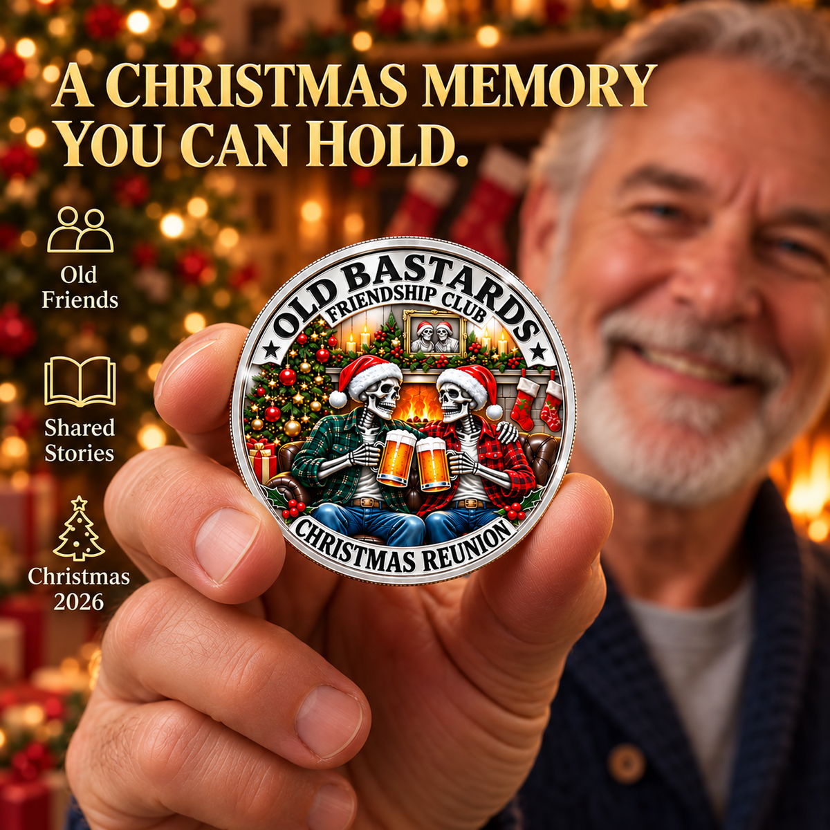 2026 Old Bastards Friendship Club Christmas Coin – Double-Sided Silver-Tone Keepsake for Lifelong Friends