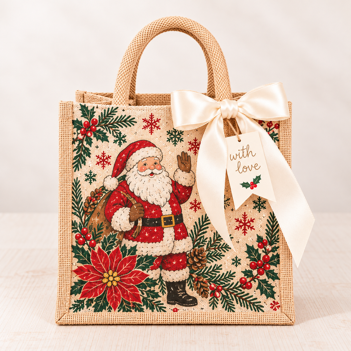 Vintage Christmas Burlap Gift Tote Bag