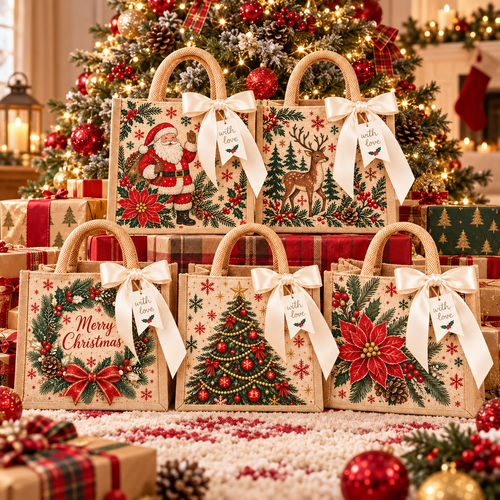 Vintage Christmas Burlap Gift Tote Bag