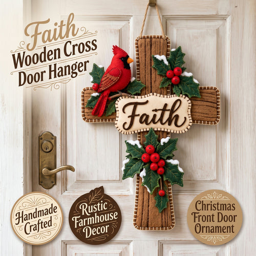 Cardinal Bird Faith Cross Christmas Door Hanger