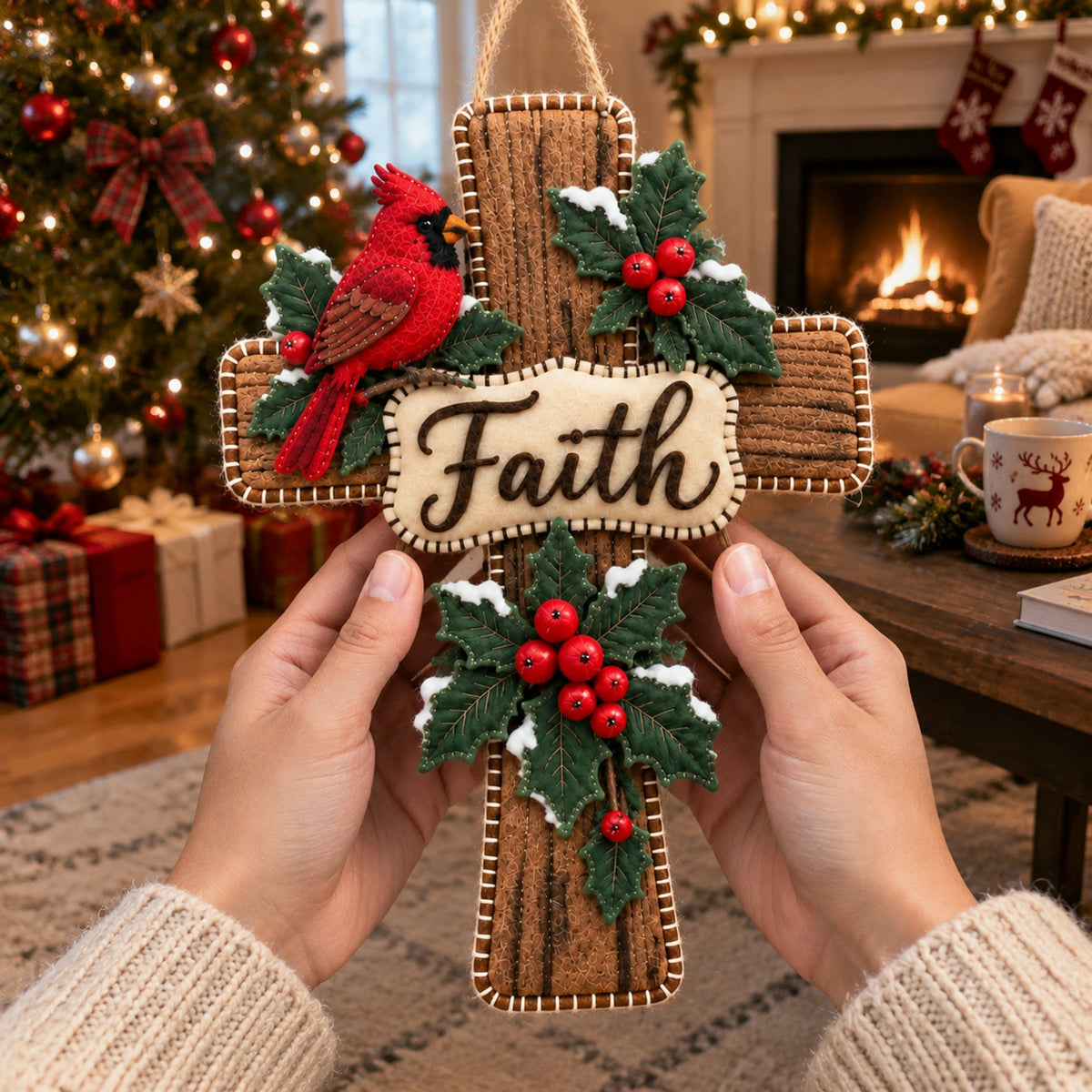 Cardinal Bird Faith Cross Christmas Door Hanger
