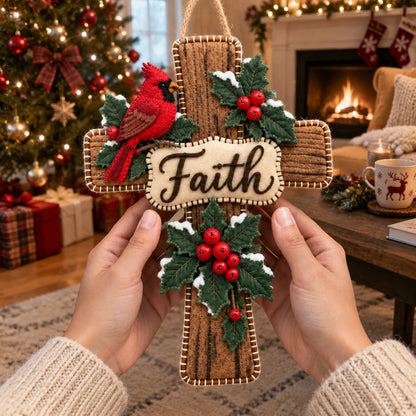 Cardinal Bird Faith Cross Christmas Door Hanger