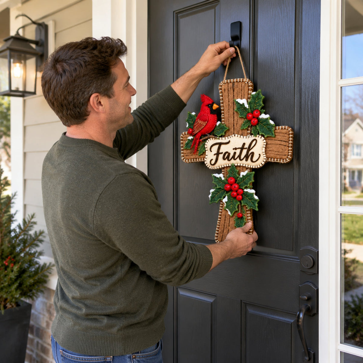 Cardinal Bird Faith Cross Christmas Door Hanger
