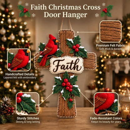 Cardinal Bird Faith Cross Christmas Door Hanger