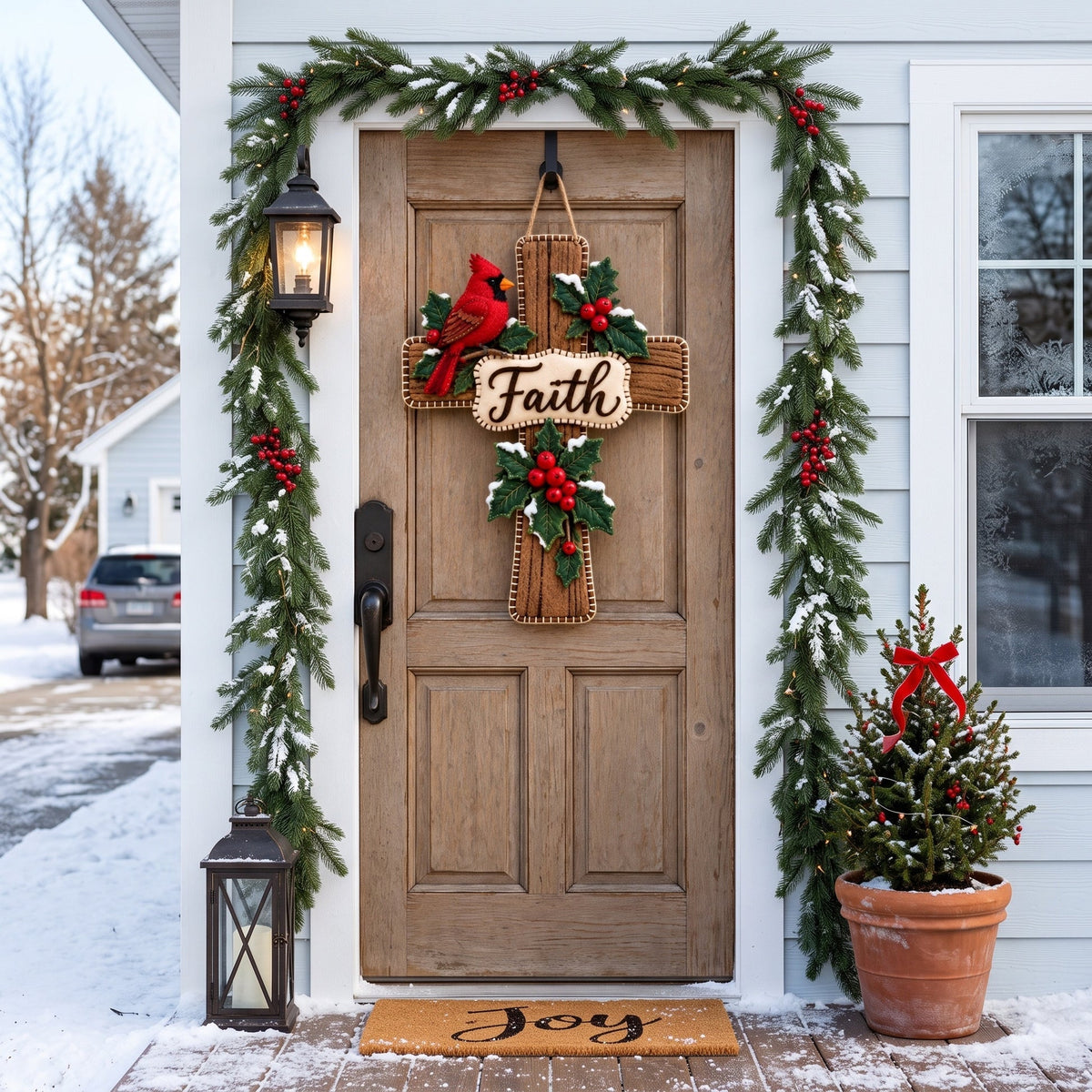 Cardinal Bird Faith Cross Christmas Door Hanger