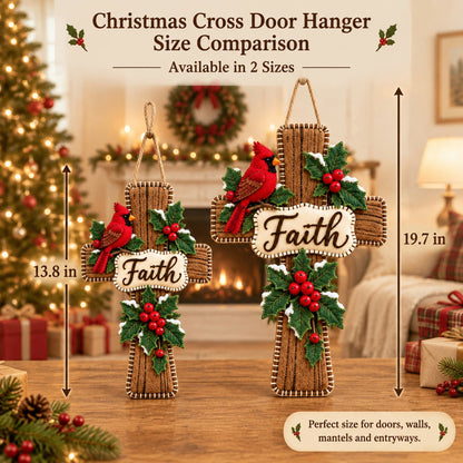 Cardinal Bird Faith Cross Christmas Door Hanger
