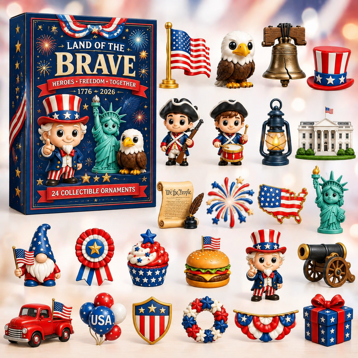 250 Years of American Spirit Ornaments Advent Calendar, 24Pcs Patriotic Hanging Decor Gift Box