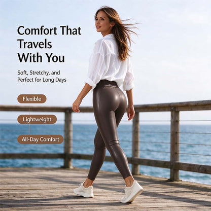 High Waisted Stretchy PU Tummy Control Yoga Leggings with Pocket 🖤✨