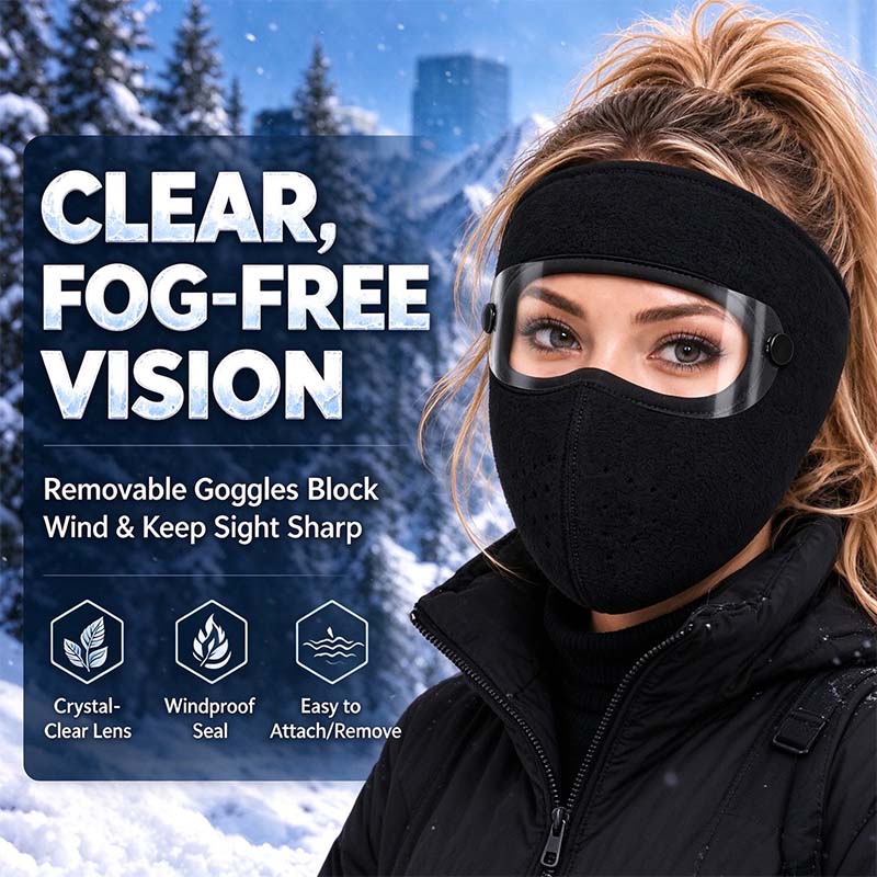 ✨Winter Face Mask with Detachable Goggles, Windproof Thermal Fleece Lined Full Face Cover 🥽