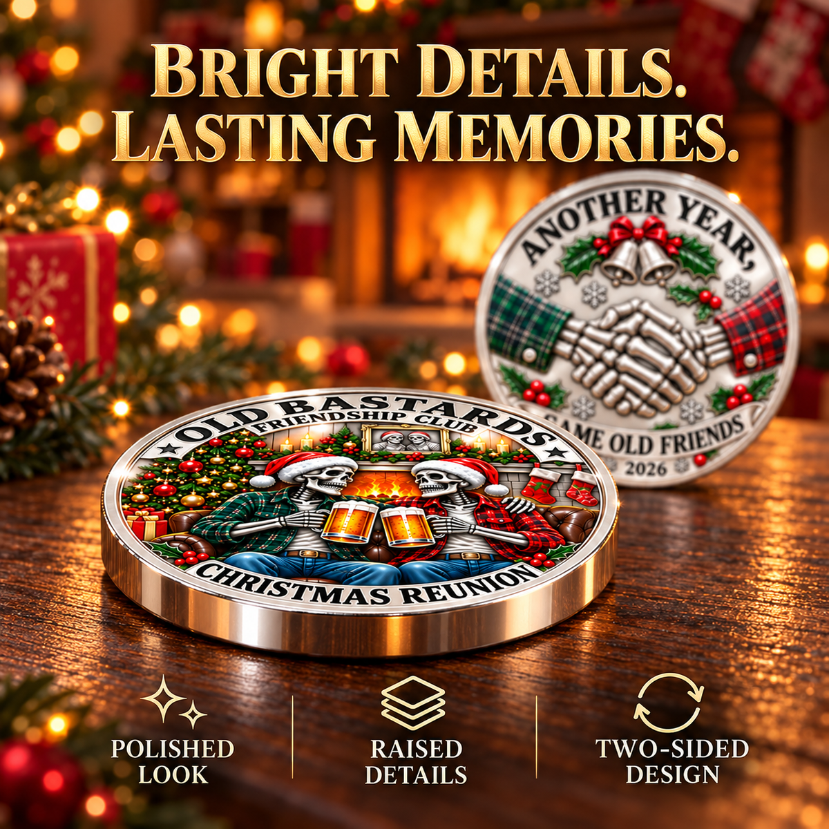 2026 Old Bastards Friendship Club Christmas Coin – Double-Sided Silver-Tone Keepsake for Lifelong Friends