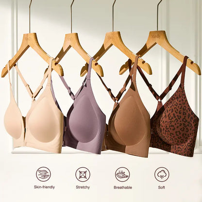Women's Front Closure Elasticity Bralette, Easy On & Off, Light Support, Deep V-Neck Racerback, Seamless T-Shirt Bra 👙