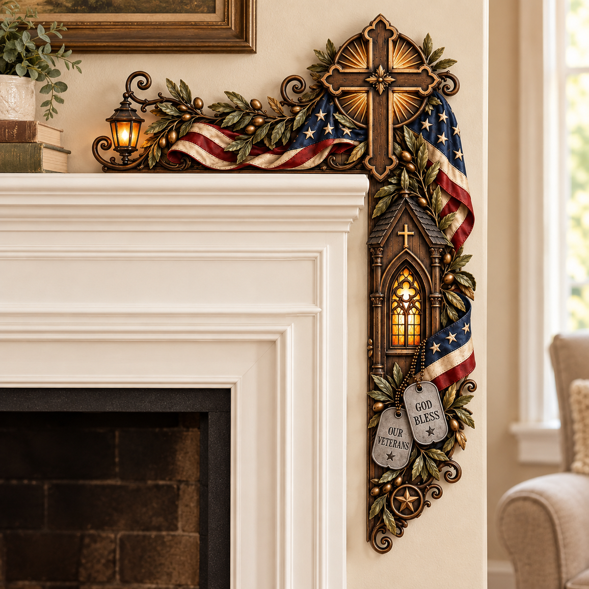 Faith, Honor & Gratitude Veteran Memorial Door Frame Corner Décor – Patriotic Cross, Soldier’s Dog Tags & Tribute Lantern Wall Accent
