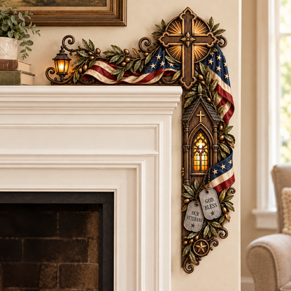 Faith, Honor & Gratitude Veteran Memorial Door Frame Corner Décor – Patriotic Cross, Soldier’s Dog Tags & Tribute Lantern Wall Accent